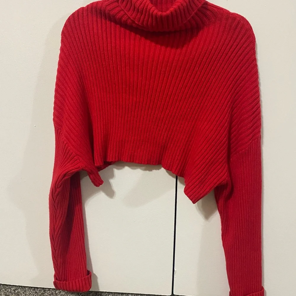 Red Ribbed Cropped Turtleneck Sweater - Picture 2 of 3